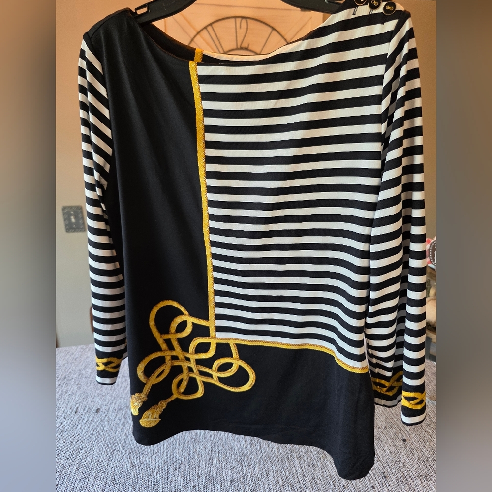 Elegant Striped Blouse with Gold Detailing